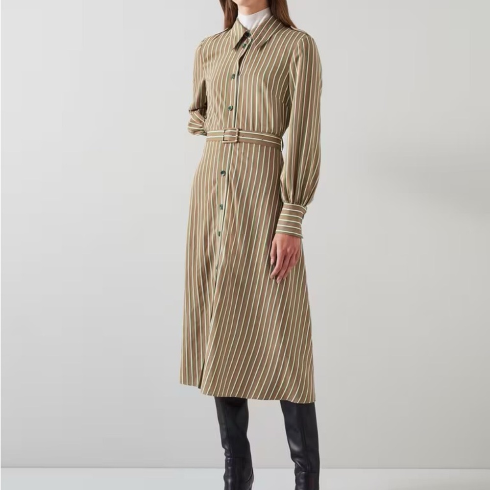 LK Bennett Tan and White Striped Long Sleeve Dress - Picture 2 of 7